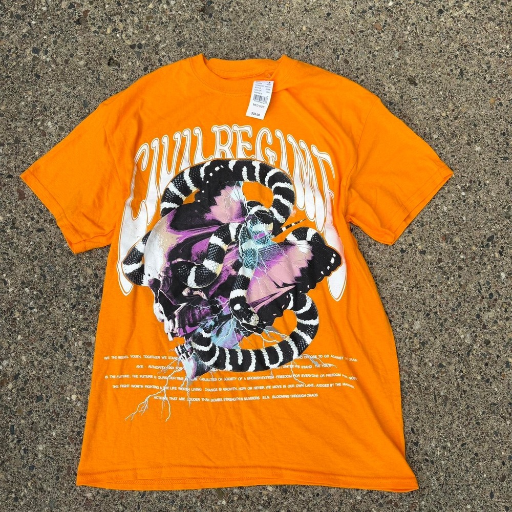 Civil Regime Snake Skull Butterfly Graphic T Shirt Orange Men's Medium NWT
